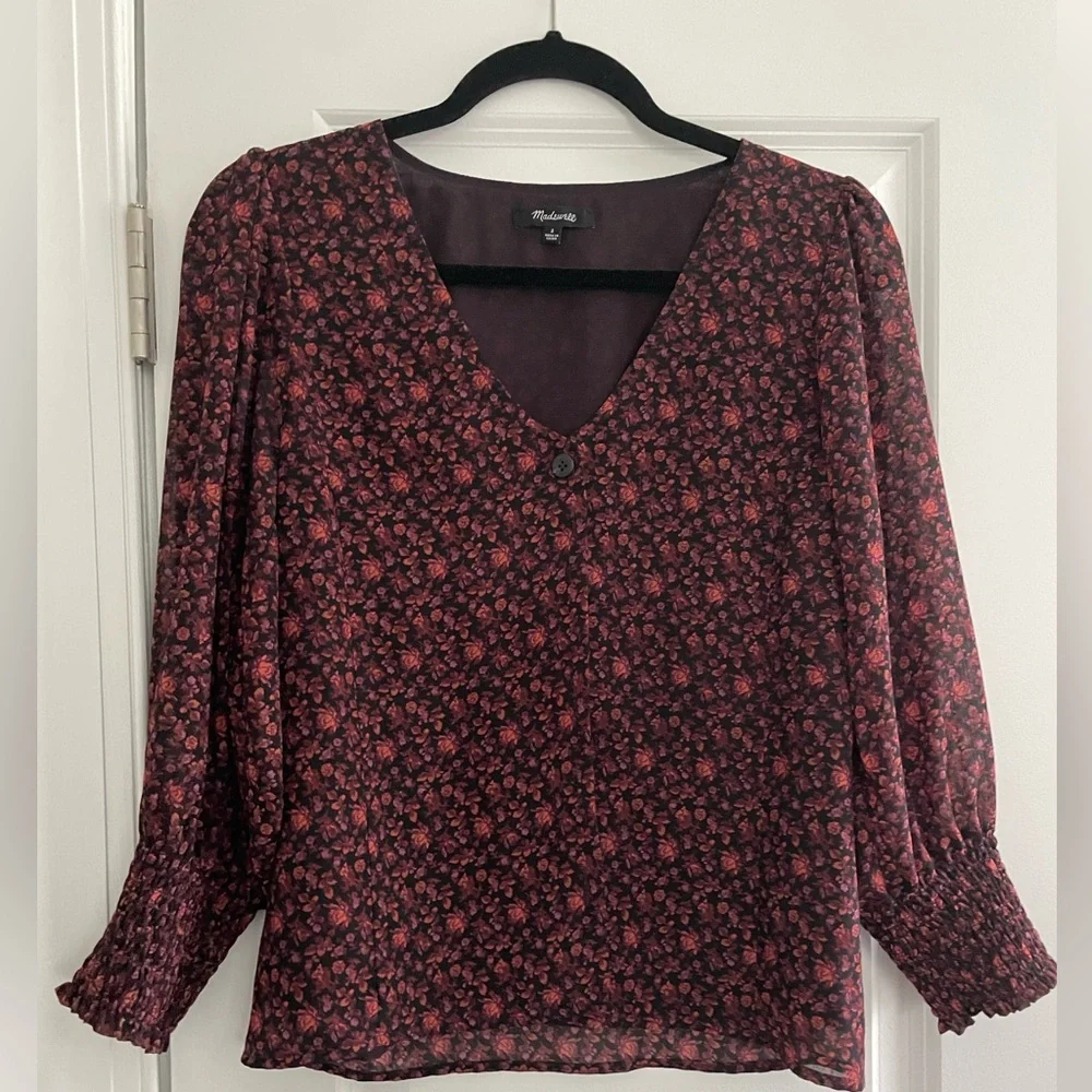 Madewell (Re)sourced Georgette Smocked-Cuff Button-Top in Orchard Floral size 2 - Picture 3 of 6